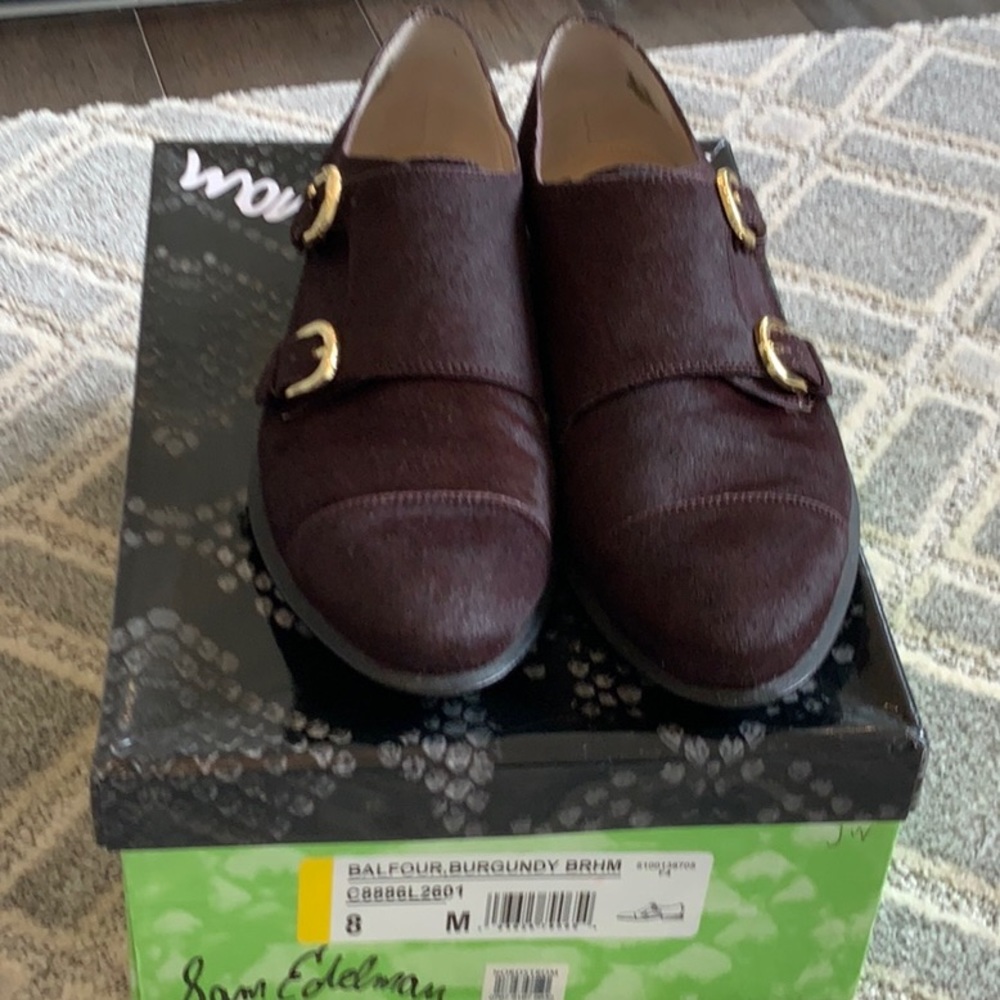 Sam Edelman Burgundy Double Monk Flats with Gold Buckles